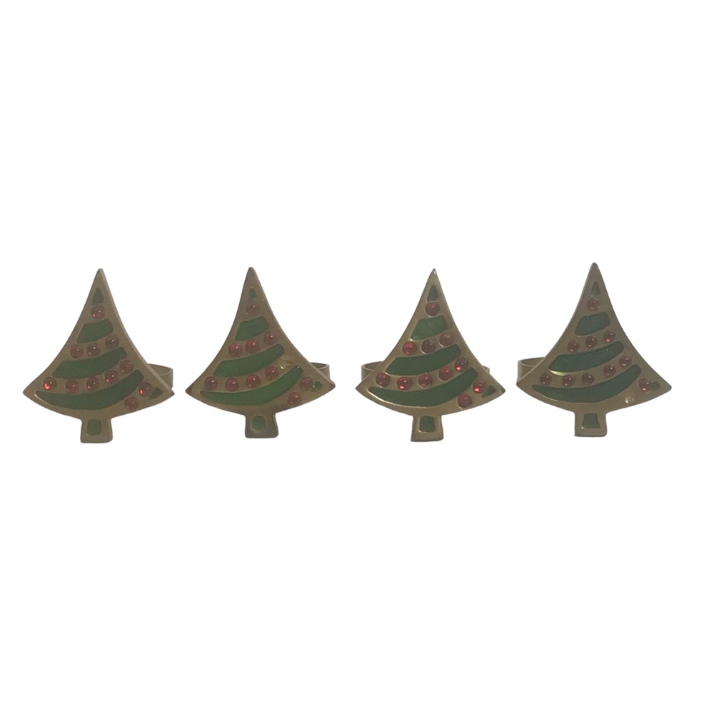 Vintage Napkin Rings Christmas Tree Brass Enamel Set of 4 Red Green Holders